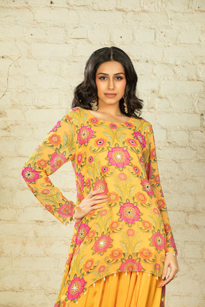 NUSRAT HIGH LOW YELLOW TUNIC & DHOTI