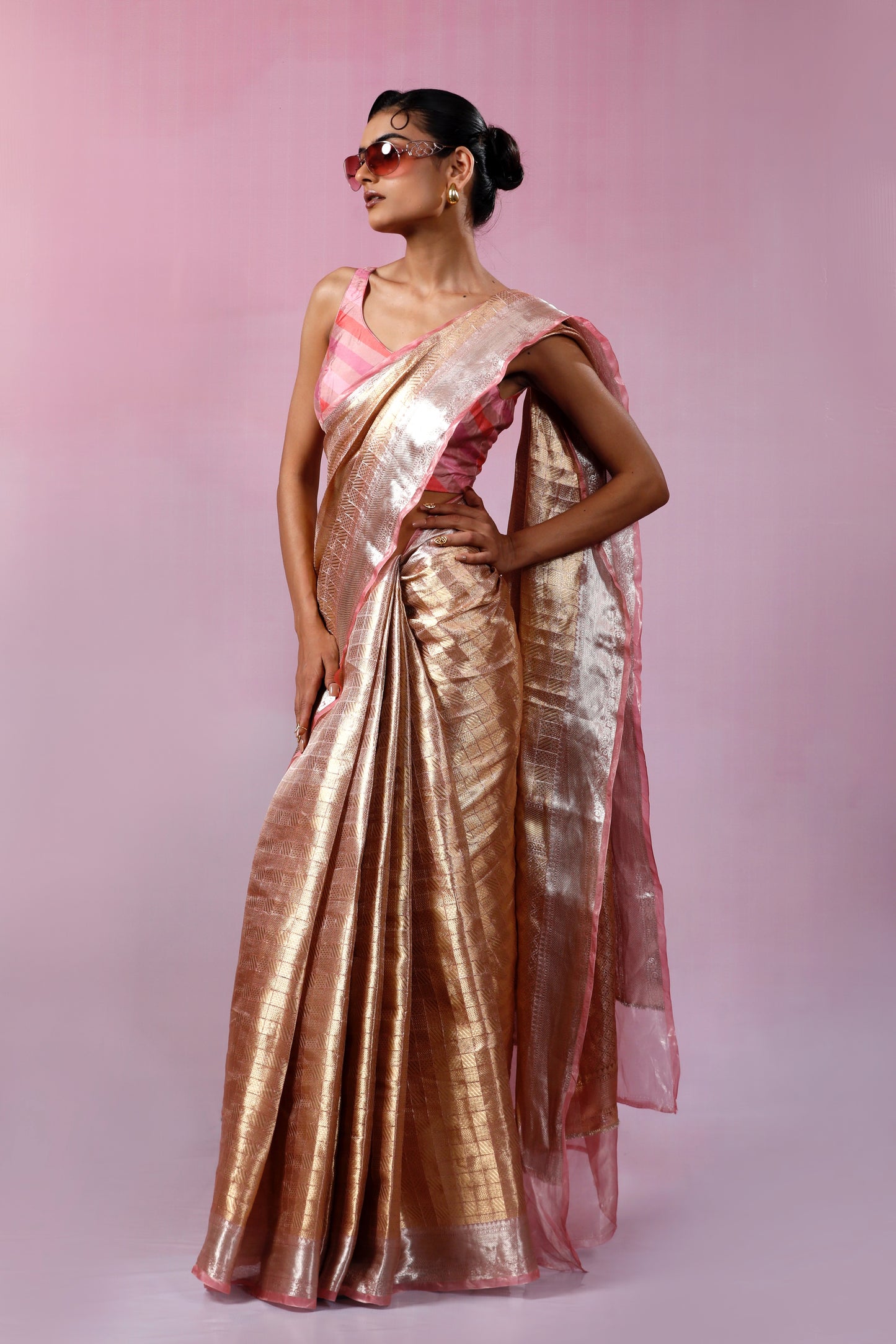 HANDWOVEN PINK TISSUE BROCADE CHECKERED SAREE