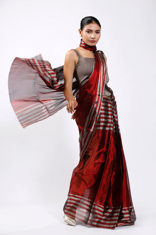 HANDWOVEN RED GREY CHANDERI TISSUE SAREE