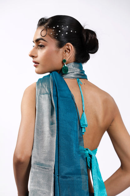 HANDWOVEN BLUE CHANDERI TISSUE SAREE