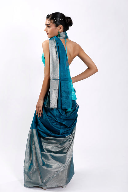 HANDWOVEN BLUE CHANDERI TISSUE SAREE