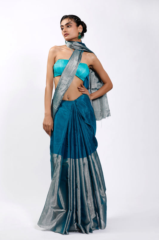 HANDWOVEN BLUE CHANDERI TISSUE SAREE