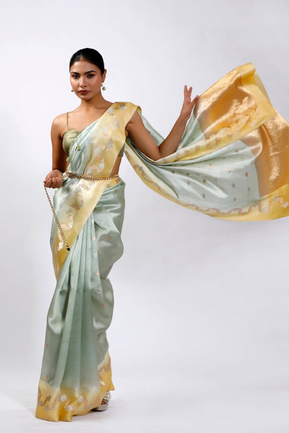 HANDWOVEN PISTA GREEN AND LIME YELLOW SILK SAREE