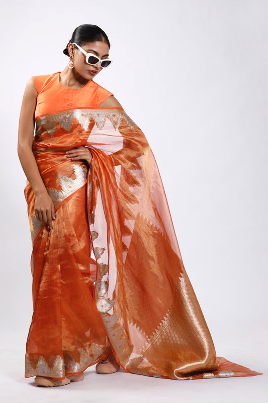 HANDWOVEN TISSUE SILK SWASTIK TEMPLE SAREE