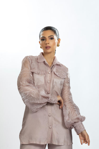 PINK PLEATED ORGANZA WITH BAMBOO SILK  CO-ORD SET