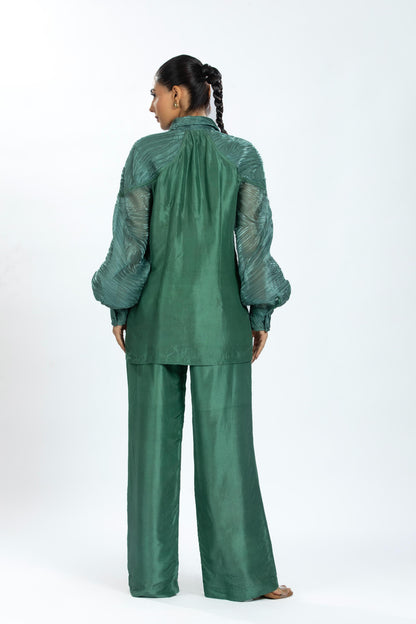 GREEN PLEATED ORGANZA WITH BAMBOO SILK  CO-ORD SET