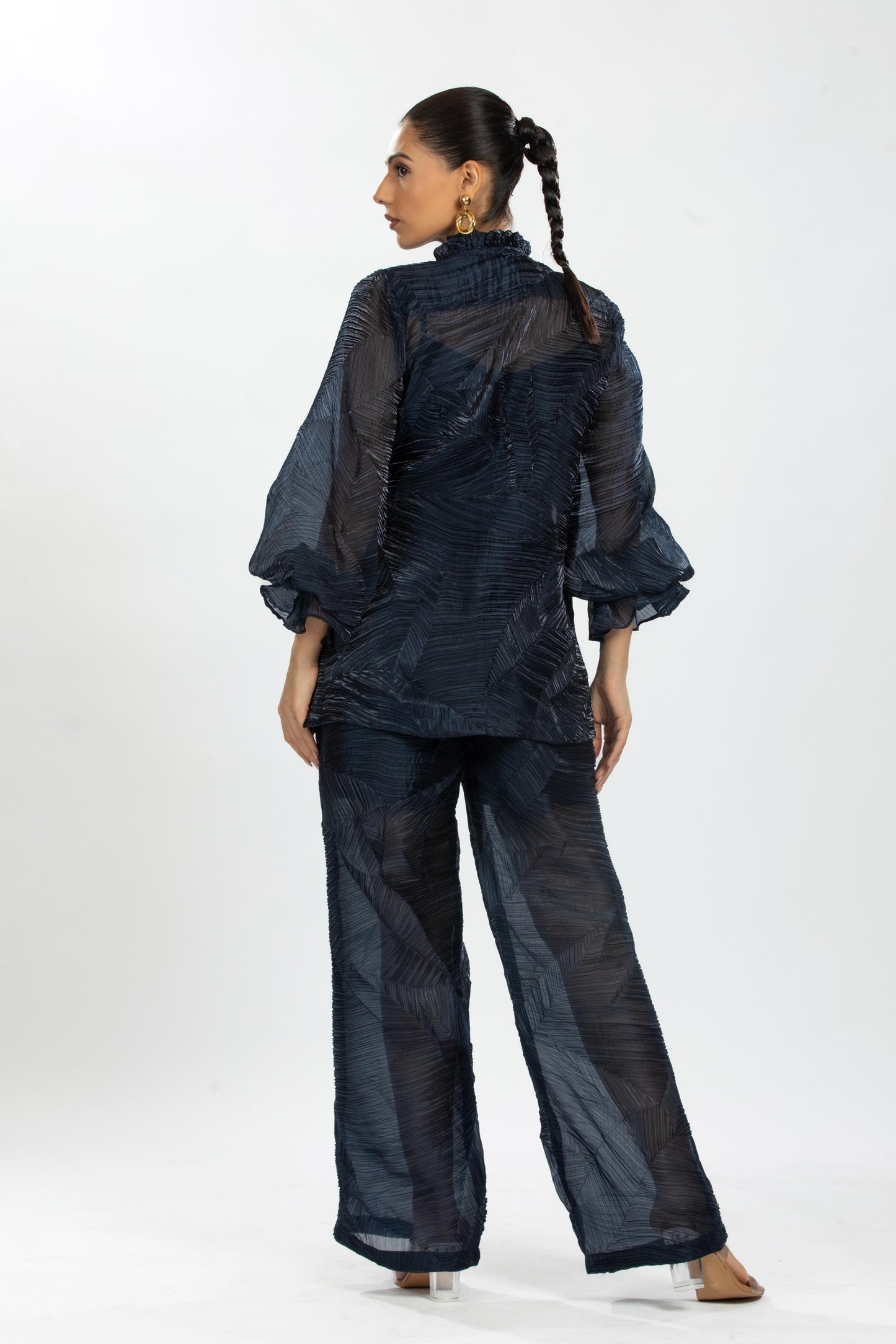 BLUE PLEATED ORGANZA SHIRT