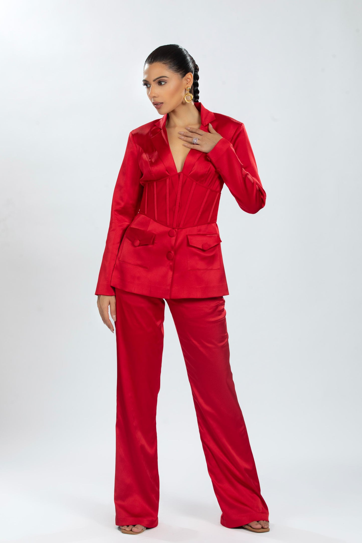 RED SATIN JACKET WITH PANTS AND CORSET BELT