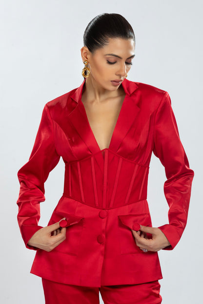 RED SATIN JACKET WITH PANTS AND CORSET BELT