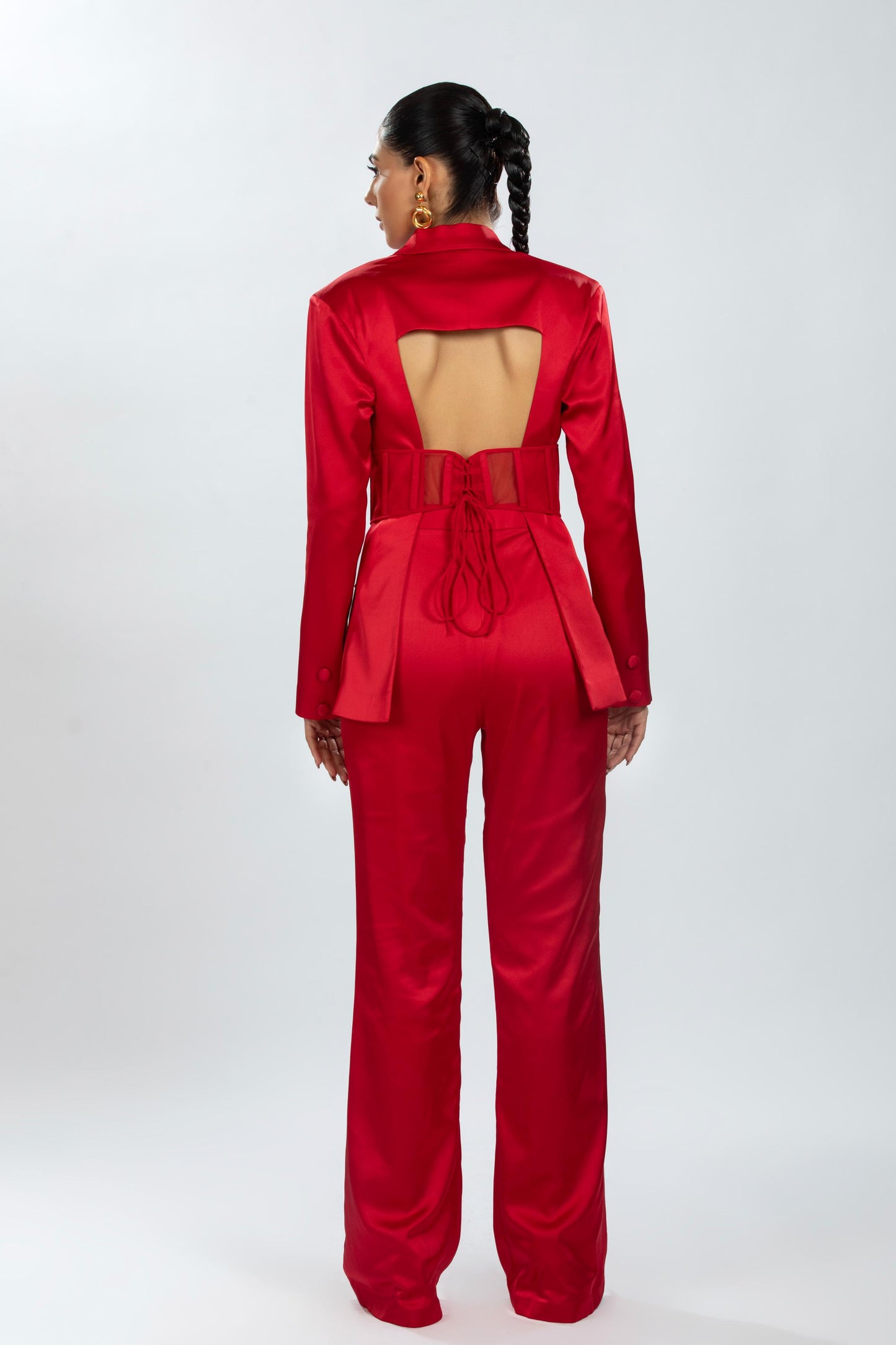 RED SATIN JACKET WITH PANTS AND CORSET BELT