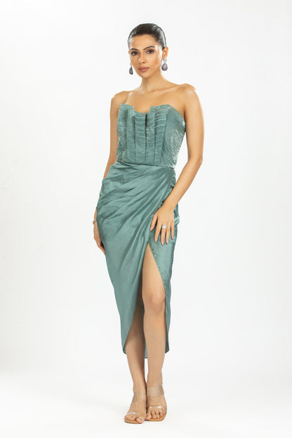 GREEN PLEATED ORGANZA WITH BAMBOO SILK DRESS