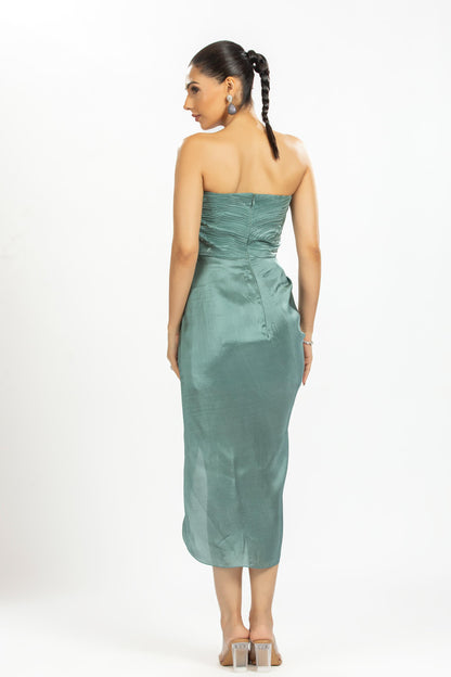 GREEN PLEATED ORGANZA WITH BAMBOO SILK DRESS