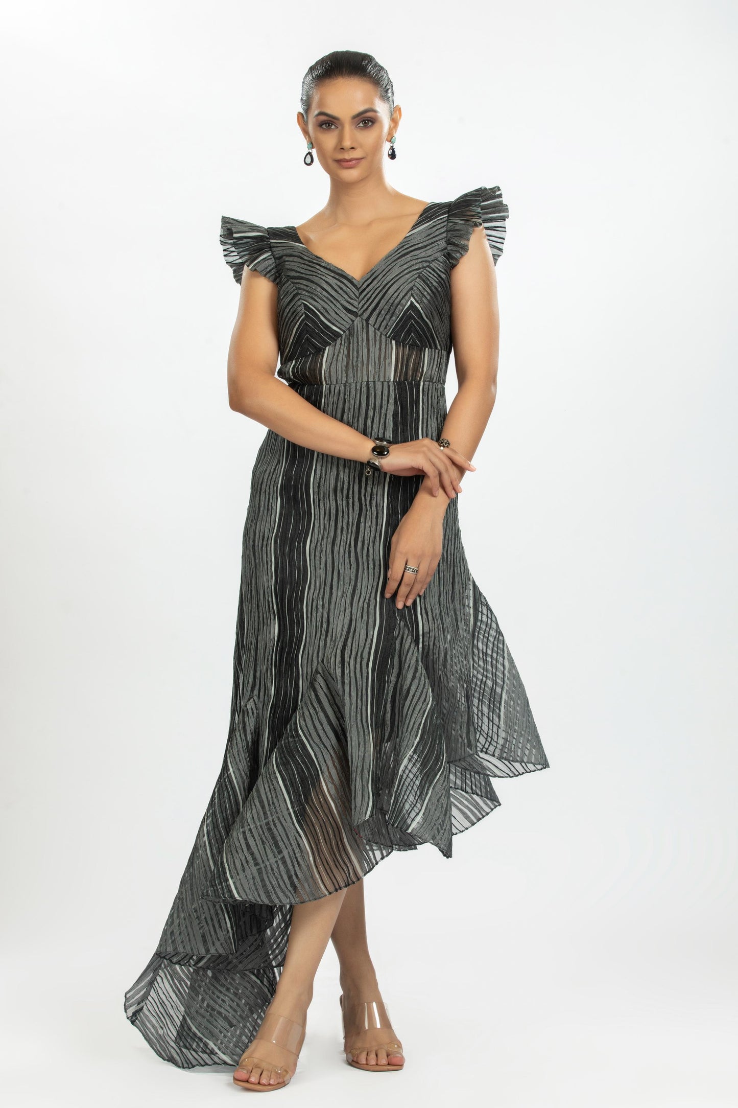 WHITE AND BALCK ORGANZA STRIPE DRESS