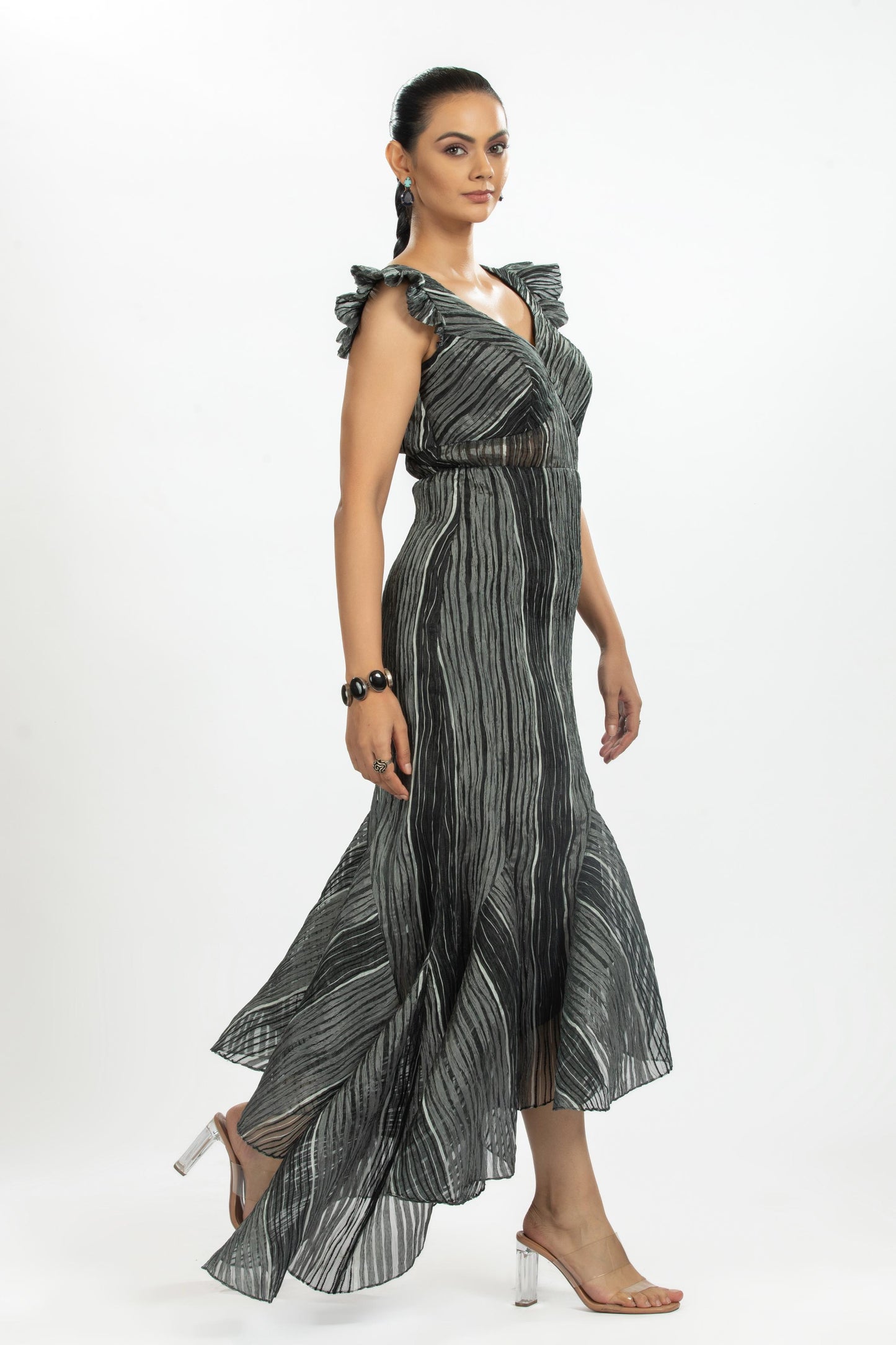 WHITE AND BALCK ORGANZA STRIPE DRESS