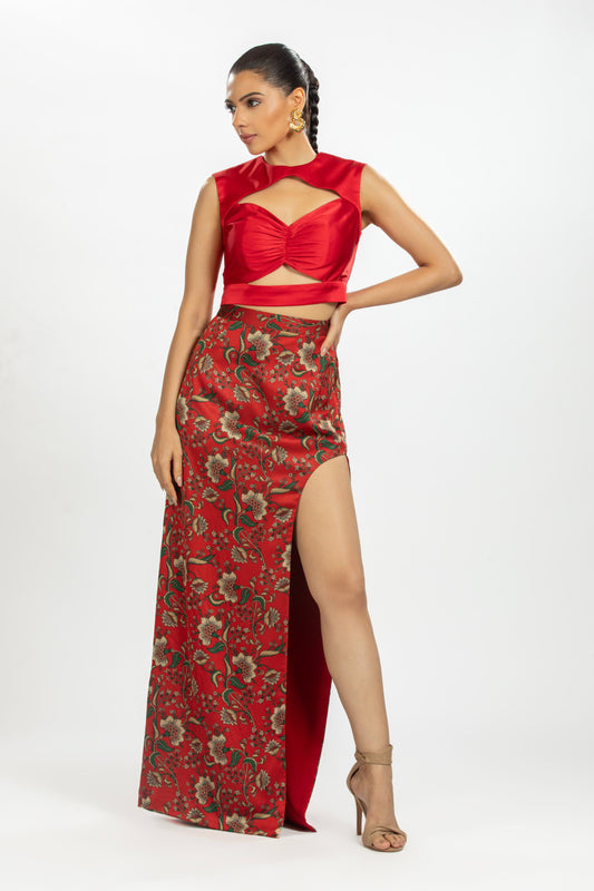 RED SATIN TOP WITH FLORAL SATIN PRINTED SKIRT WITH SLIT