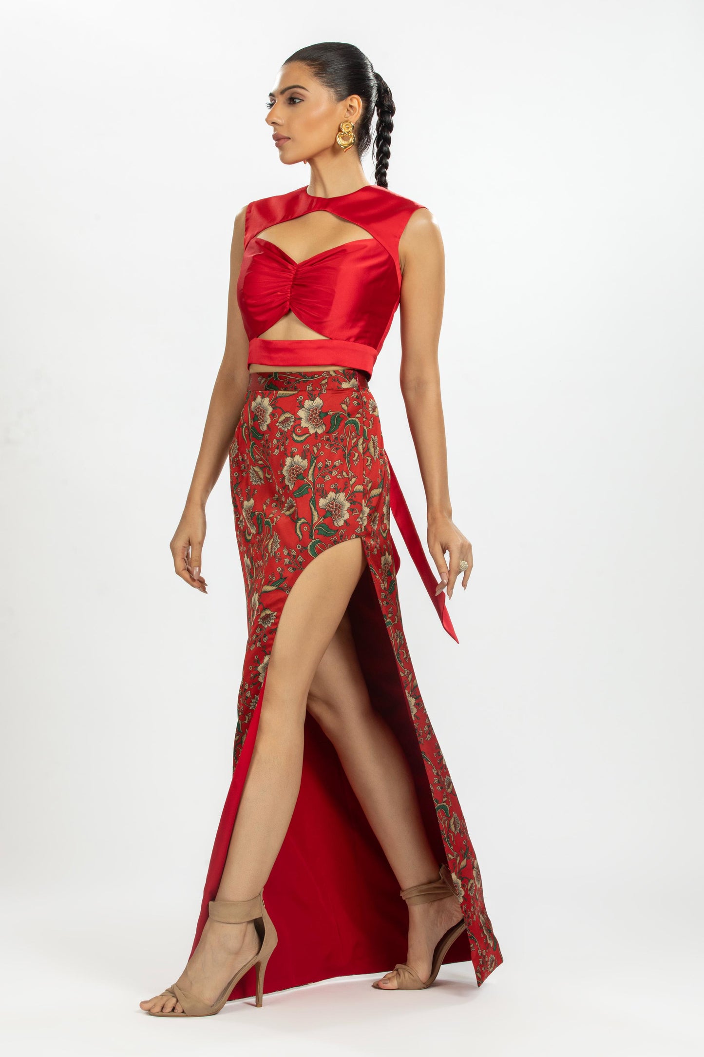 RED SATIN TOP WITH FLORAL SATIN PRINTED SKIRT WITH SLIT