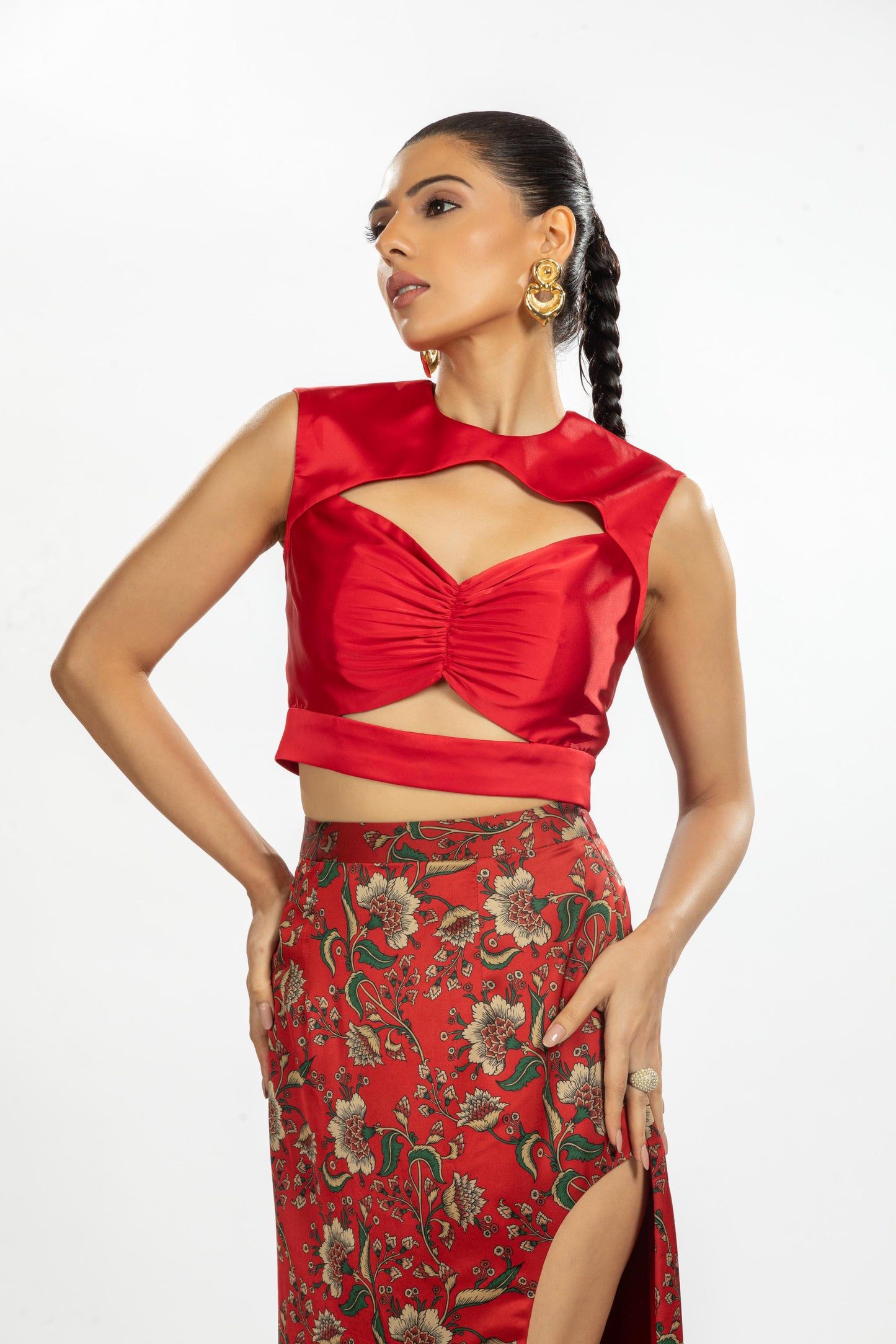 RED SATIN TOP WITH FLORAL SATIN PRINTED SKIRT WITH SLIT