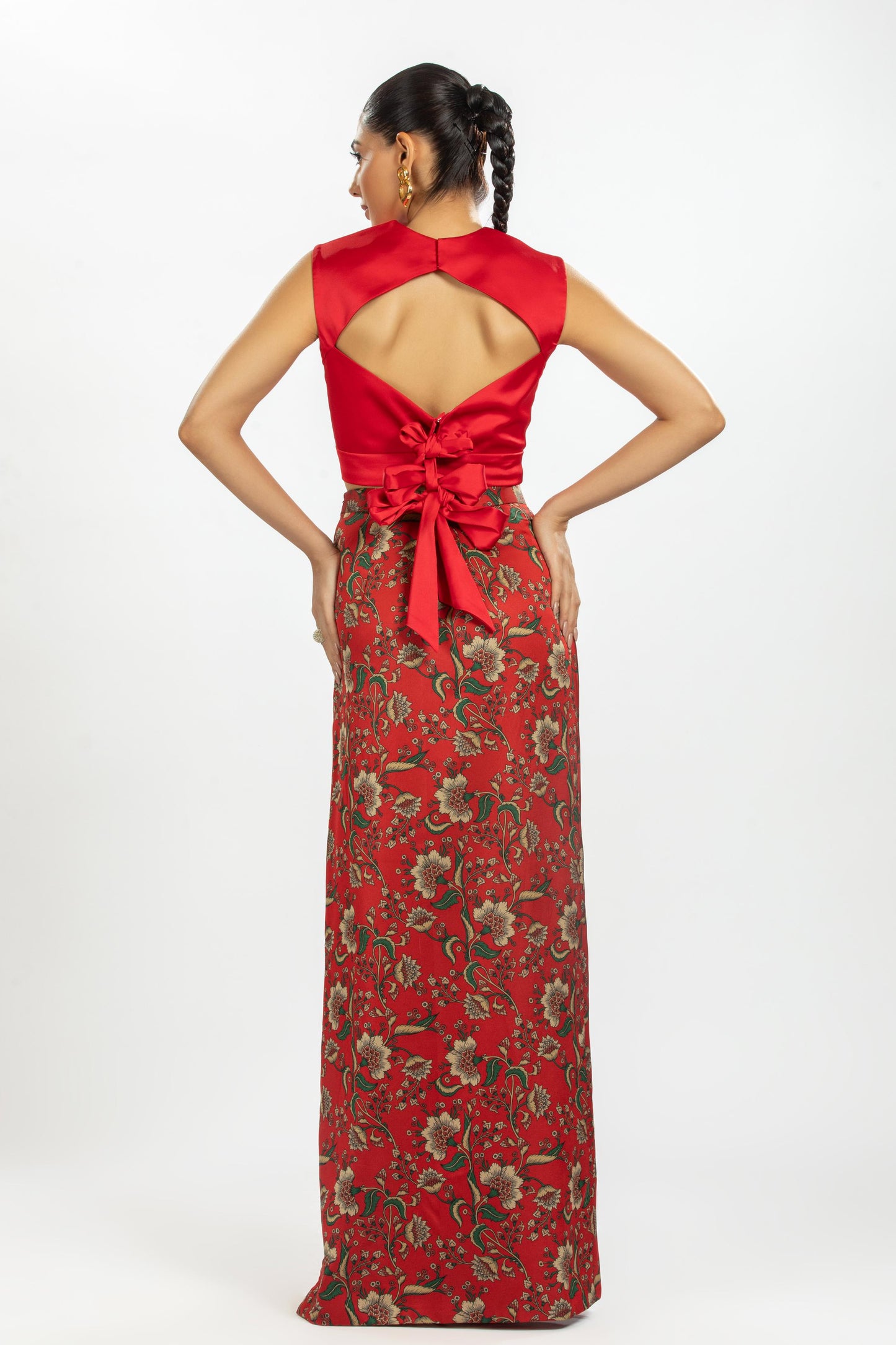 RED SATIN TOP WITH FLORAL SATIN PRINTED SKIRT WITH SLIT