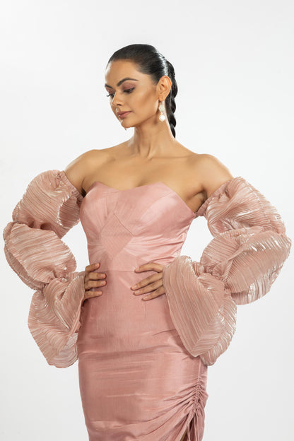 PINK PLEATED ORGANZA WITH BAMBOO SILK DRESS