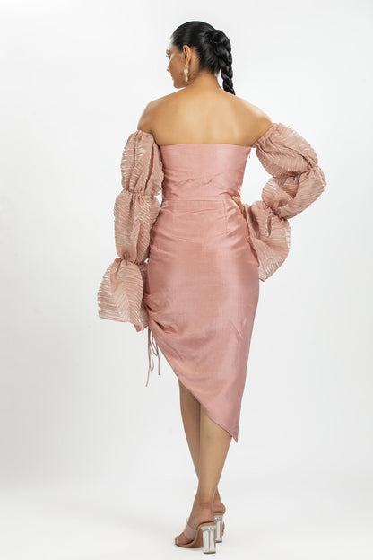 PINK PLEATED ORGANZA WITH BAMBOO SILK DRESS