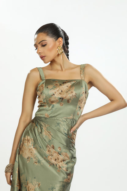 GREEN FLORAL PRINTED DRESS