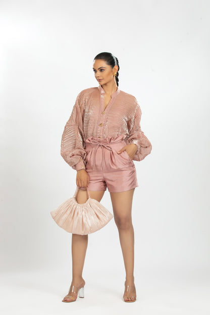 PLEATED ORGANZA SHIRT WITH BAMBOO SILK SHORTS