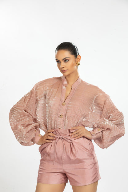 PLEATED ORGANZA SHIRT WITH BAMBOO SILK SHORTS