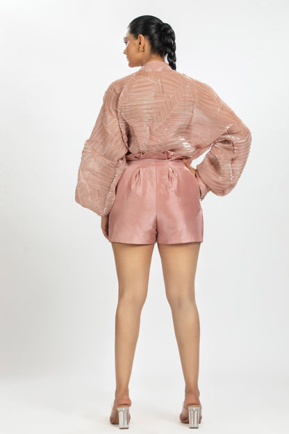 PLEATED ORGANZA SHIRT WITH BAMBOO SILK SHORTS