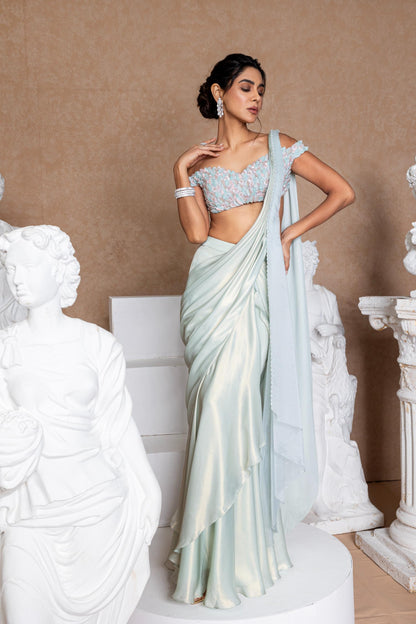 SEA GREEN DRAPE SAREE WITH EMBROIDERED BLOUSE