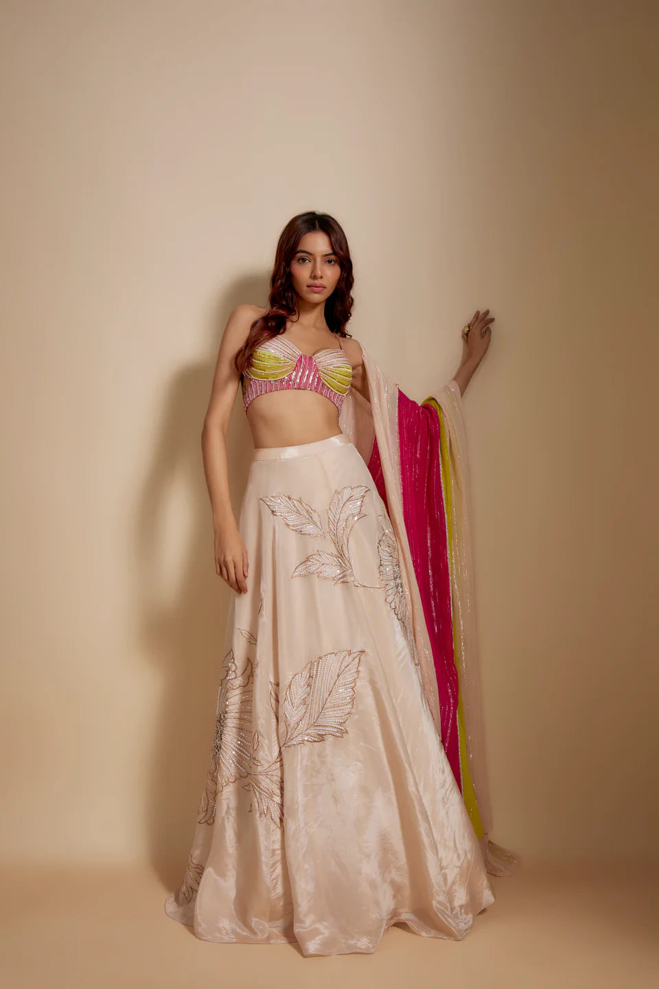 PEACH EMBROIDERED LEHENGA WITH MULTI-COLOURED BLOUSE AND DUPATTA