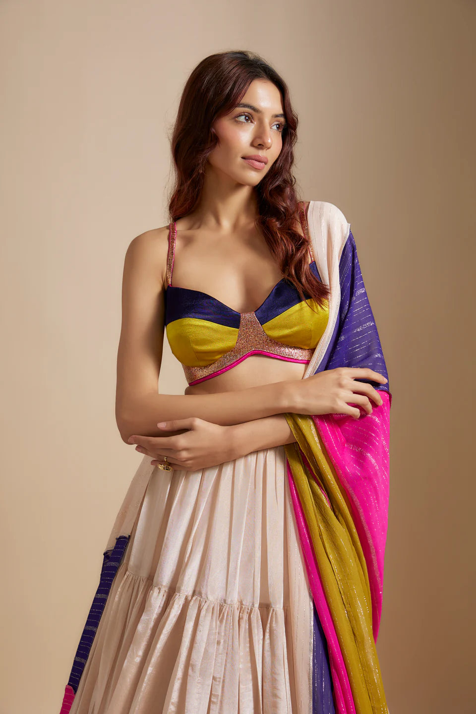 PEACH TISSUE SKIRT WITH MULTI- COLORED BLOUSE WITH MULTI-COLOURED DUPATTA