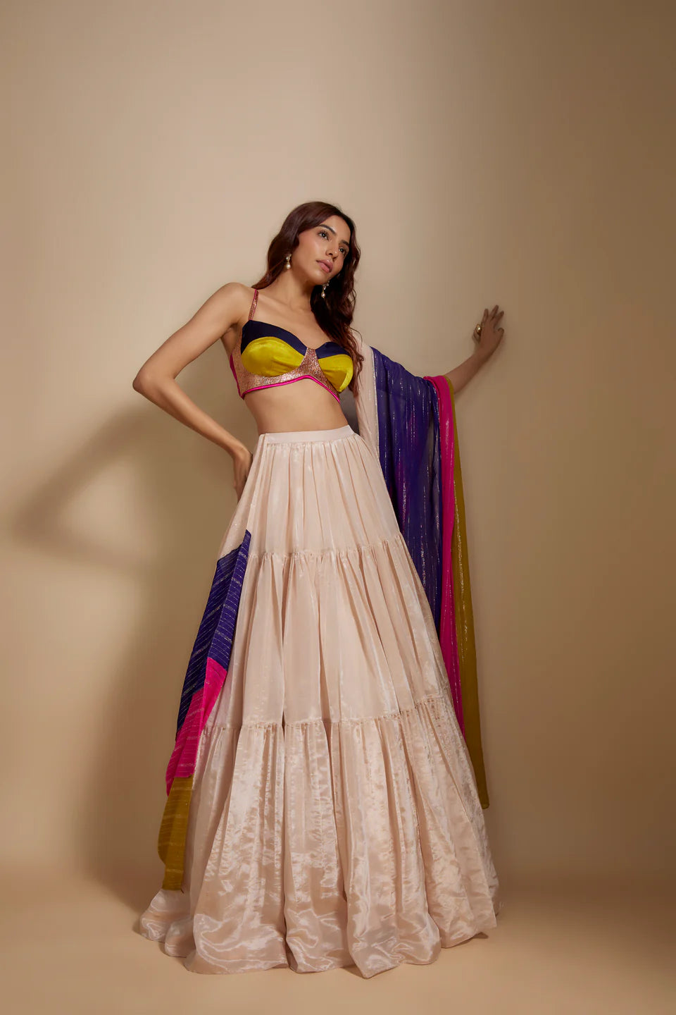 PEACH TISSUE SKIRT WITH MULTI- COLORED BLOUSE WITH MULTI-COLOURED DUPATTA