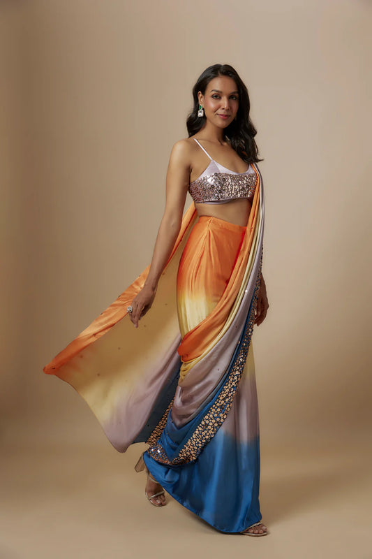 MULTI-COLOUR OMBRE SAREE WITH LILAC BLOUSE