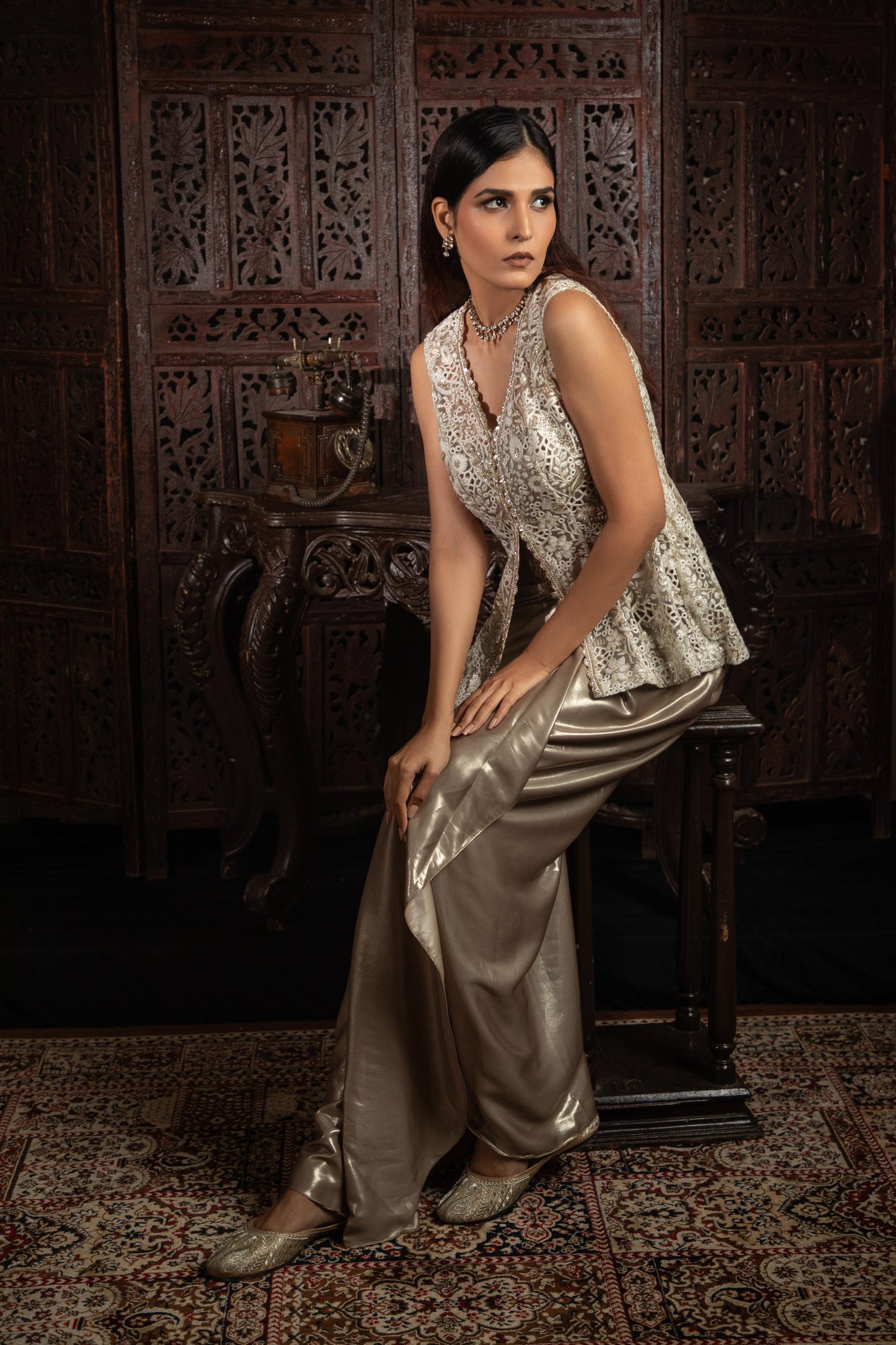 WHITE & GOLDEN SKIRT SET WITH JACKET