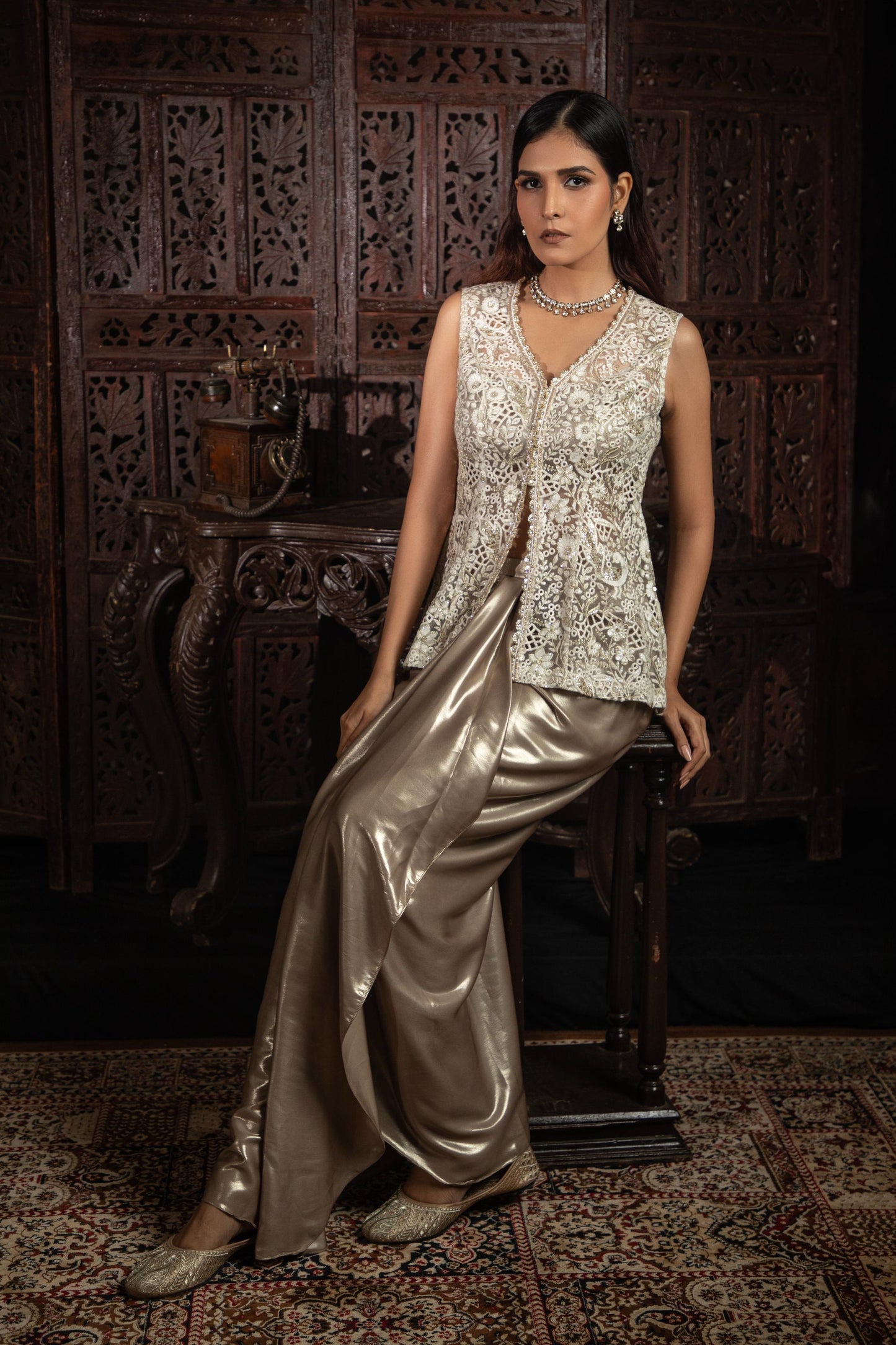 WHITE & GOLDEN SKIRT SET WITH JACKET