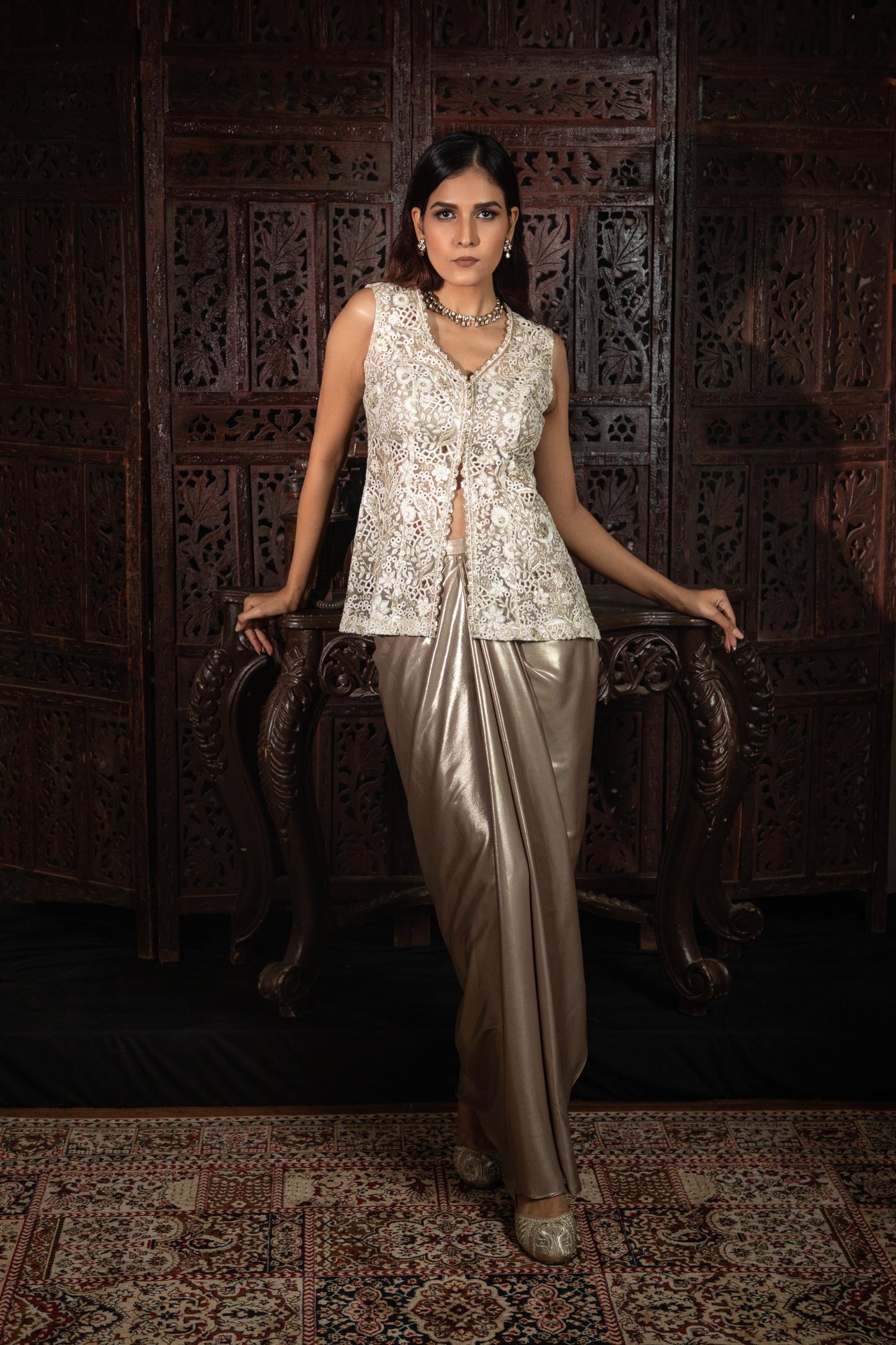 WHITE & GOLDEN SKIRT SET WITH JACKET