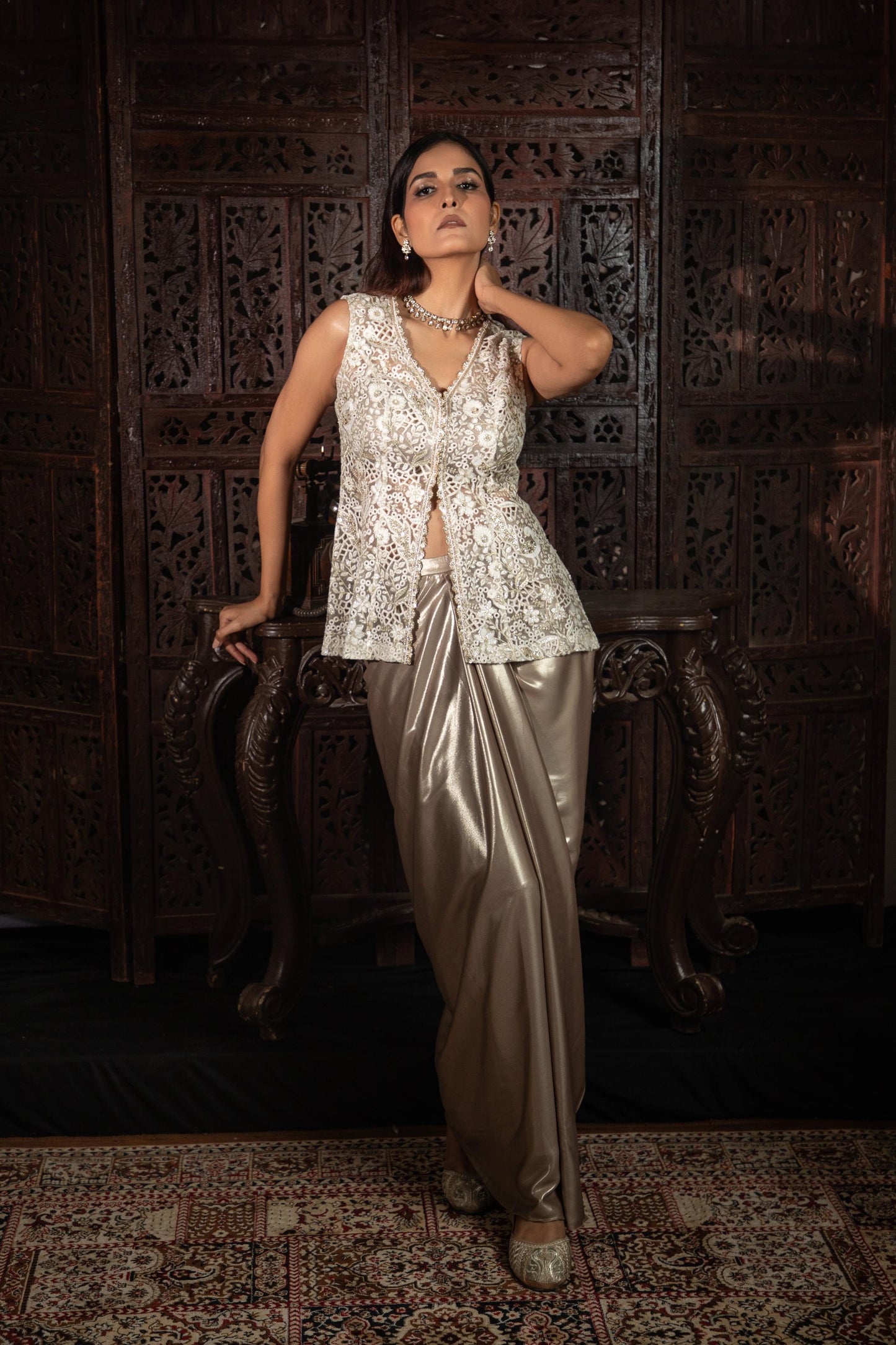 WHITE & GOLDEN SKIRT SET WITH JACKET