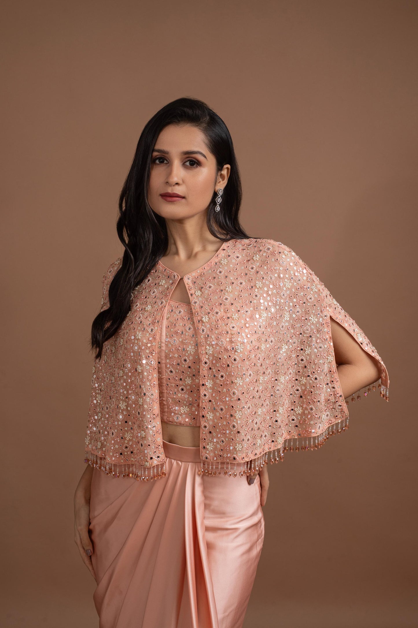 PEACH SKIRT SET WITH CAPE