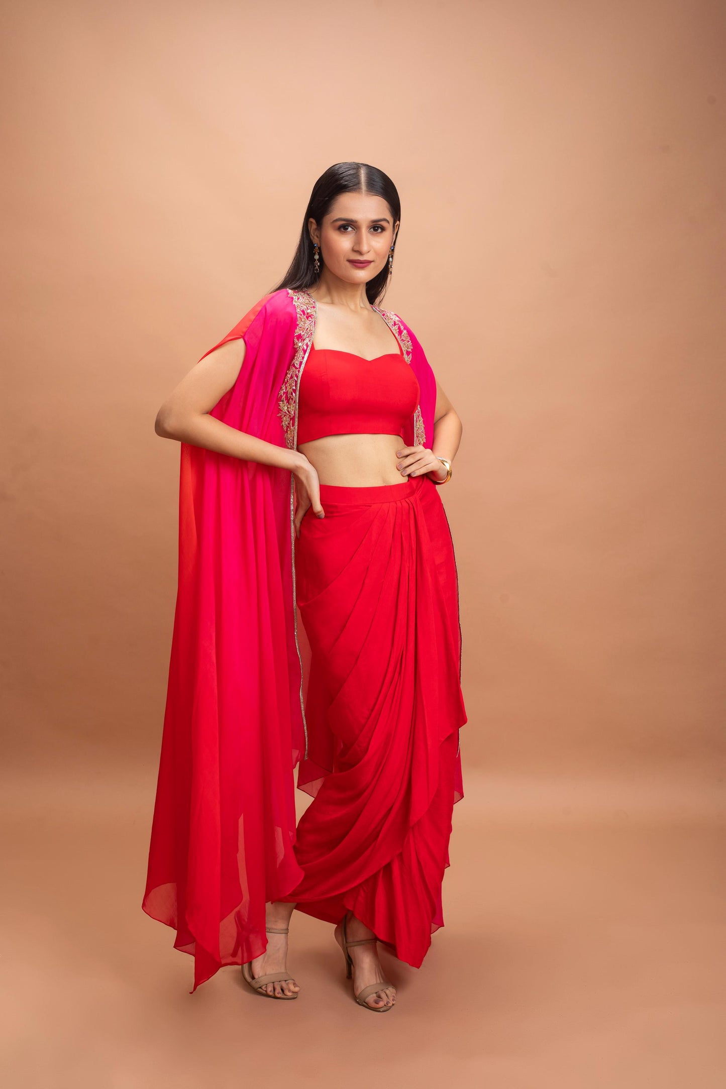 RED & PINK SHADED SKIRT SET