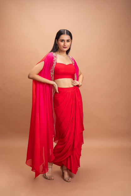 RED & PINK SHADED SKIRT SET