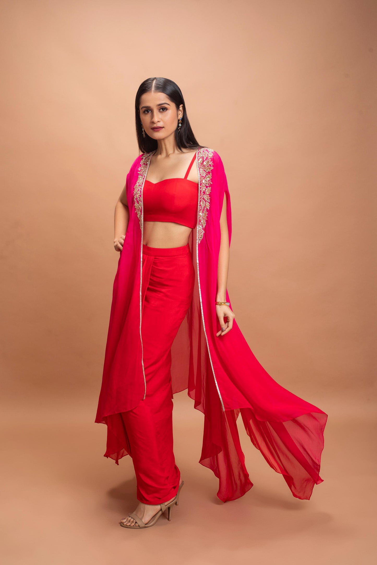 RED & PINK SHADED SKIRT SET
