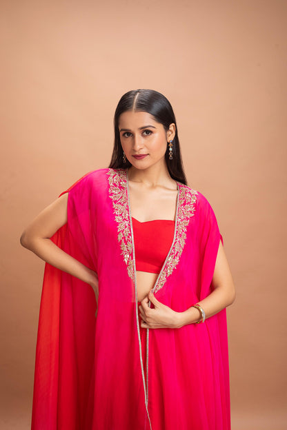 RED & PINK SHADED SKIRT SET