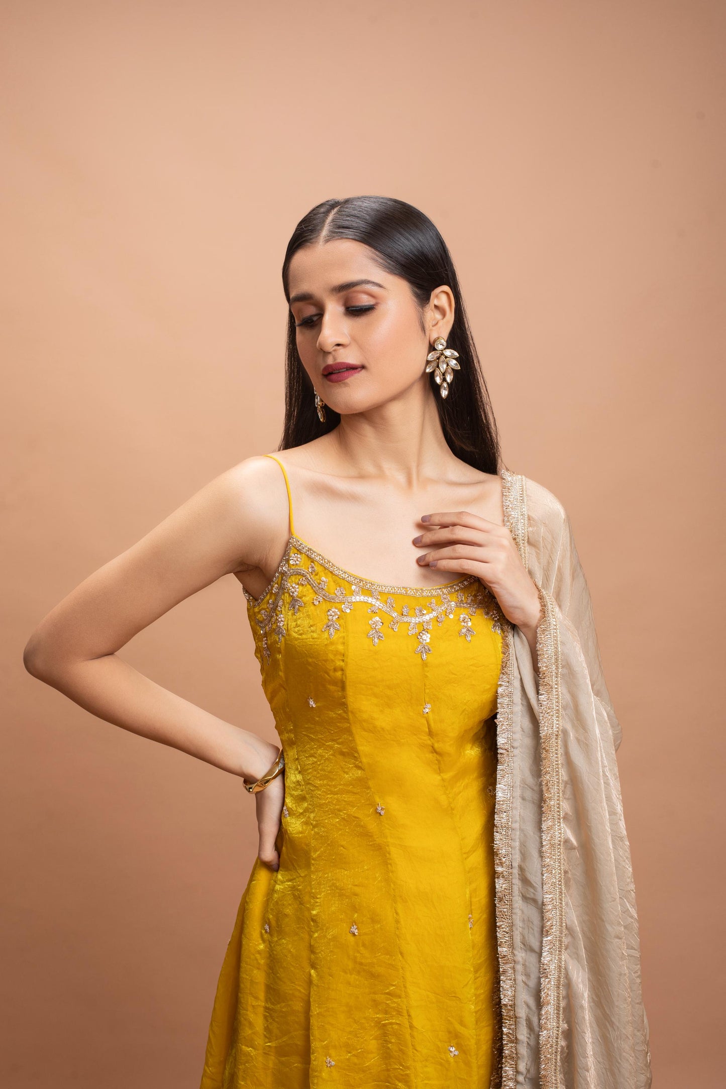 YELLOW & BEIGE FLARED PANT SET