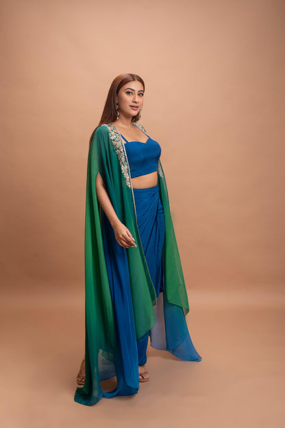 BLUE GREEN SHADED SKIRT SET
