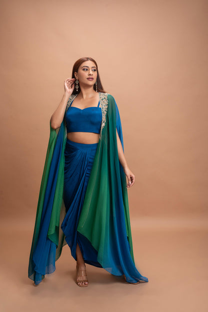 BLUE GREEN SHADED SKIRT SET