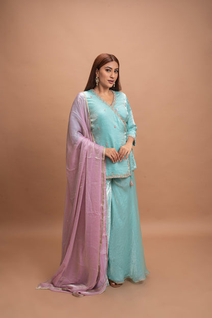 SEA BLUE & PINK FLARED PANT SET