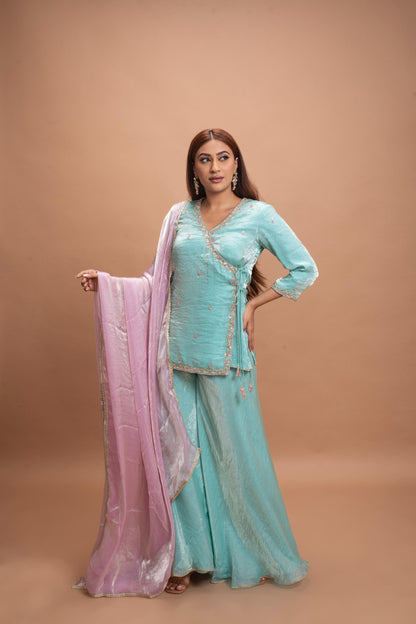 SEA BLUE & PINK FLARED PANT SET
