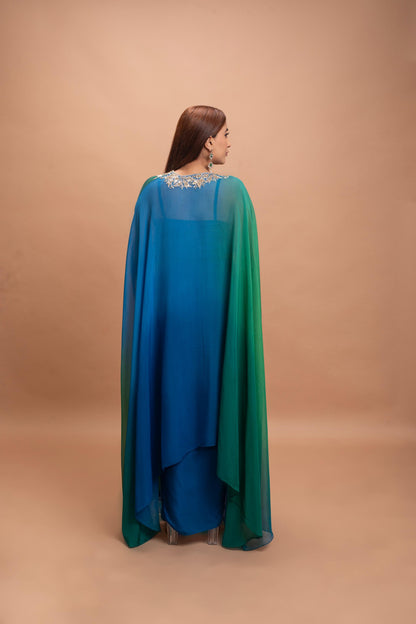 BLUE GREEN SHADED SKIRT SET