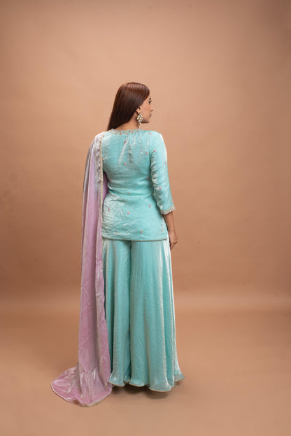 SEA BLUE & PINK FLARED PANT SET