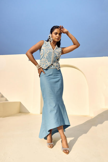 PEARL DENIM WAIST COAT WITH DENIM HIGH LOW SKIRT